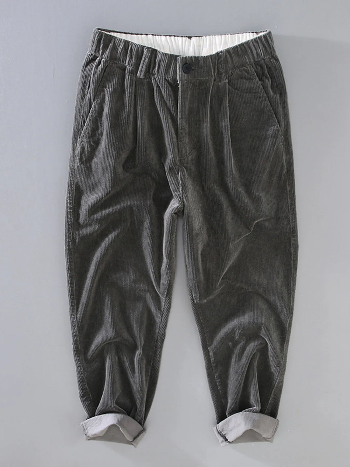 Front view of gray corduroy jogger pants with elastic cuffs by Northvale.